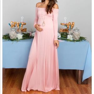 PinkBlush Pink Solid Off Shoulder Maternity Maxi Dress
